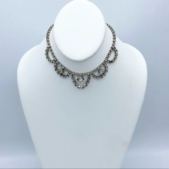 Vintage Clear Rhinestone Faux Diamond Ornate Choker Necklace - Picture 12 of 13